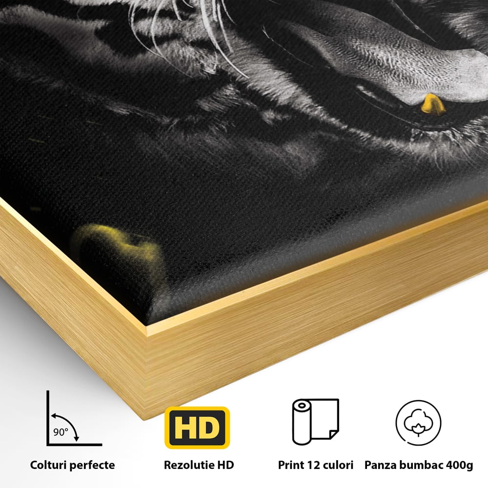 Detaliu al suprafetei: tablou vertical cu tigru si text, in rama de aluminiu auriu
